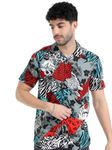 GLORYBOYZ Printed Half Sleeve Cotton Shirt for Men Relaxed Fit Printed Shirt Resort Collar Comfortable Casual Summer Shirt Fashionable Stylish Goa Party Beach Wear (Silver Red 2XL)