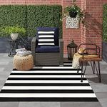 LEEVAN Black and White Outdoor Rug 3X5, Cotton Washable Striped Patio Rugs Hand Woven Front Door Mat, Reversible Entryway Rug Farmhouse Black Floor Carpet for Balcony/Courtyard/Entrance