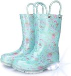 Funspread Rain Boots for Girls - Light Up Rain Boots for Toddlers and Kids Waterproof Shoes with Handles Glitter Blue Size 10