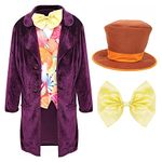 Chocolate Factory Boss Costume For Boys - XLarge - Kids Chocolate Factory Fancy Dress - Purple Coat - Candy Print Waistcoat - Golden Bow Tie - Oversized Hat For World Book Day - Book Week