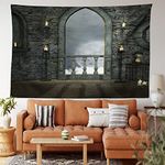 Ambesonne Gothic Tapestry, Full Moon Birds Fantasy Old Castle Balcony Burning Candle Night View Art, Wide Wall Hanging for Bedroom Living Room Dorm, 60" X 40", Reseda Green