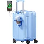 Krute Carry on Luggage PC+ABS Luggage with USB Port Cup Holder Hardside Suitcase TSA Lock Spinner Wheels 20 Inch (LightBlue)