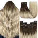 YoungSee 150G Clip in Hair Extensions Human Hair Ombre Remy Human Hair Extensions Clip ins Dark Brown Ombre Golden Blonde Mix Platinum Blonde Balayage Clip in Real Hair Extensions 7Pcs 24Inch