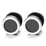 Men Women Silver Black Circle Stud Earrings, Steel Cheater Fake Ear Plugs Gauges Illusion Tunnel