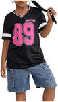 SHENHE Girl's Graphic Baseball Jersey Shirt V Neck Short Sleeve Loose Tee Shirt Top Hot Pink 10 Years