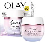 Olay Super Cream with Sunscreen SPF 30, Ultra Lightweight Face Moisturizer with Vitamin C, Hyaluronic Acid, Niacinamide, Vitamin E, and Collagen Peptide that hydrates, smooths, brightens, firms, and protects with SPF, 50 mL