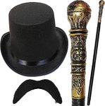 Robelli Victorian Gentleman Kids/Adults Fancy Dress Top Hat, Moustache & Cane (WORLD BOOK WEEK/DAY)