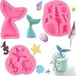 Mermaid Silicone Mould 3PCS Shell Conch Mermaid Tail Seahorse Starfish Fondant Cake Moulds,Silicone Baking Molds Tools for DIY Cake Decorating Chocolate Candy Soap