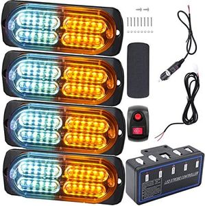 EASE2U E Led Strobe Lights for Trucks Vehicles Suvs, 4pcs 12-24V Emergency Warning Lights Caution Hazard Construction Ultra Slim Sync Feature with Control Box Surface Mount (White Amber)