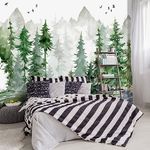 YIHWM -Green Cartoon Pine Forest Nursery Fabric Wallpaper for Boys and Girls Children's Bedroom Living Room Woodland Plants Large Wall Mural- 137"x96"（ not Peel and Stick）