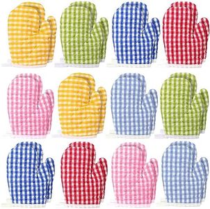 Uiifan 12 Pairs Kids Oven Mitt for Children Play Children Heat Resistant Kitchen Mitts Checkered Oven Mittens Toddler Kitchen Gloves for Oven Safe Baking Cooking BBQ Microwave Grilling, Age 2-10