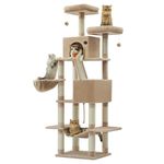 Feandrea Cat Tree, 206 cm Large Cat Tower Condo with 13 Scratching Posts, 2 Perches, 2 Caves, Basket, Hammock, Pompoms, Multi-Level Design, Camel Brown UPCT190K01