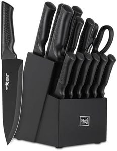 Knife Set, 15 Pcs Kitchen Knife Set with Block Self Sharpening, Dishwasher Safe, 6 Steak Knives, Anti-slip handle, Black