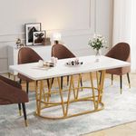 DWVO Modern Dining Table for 6-8 People, 70.3'' Large Kitchen Table with Faux Marble Tabletop and Gold Geometric Legs, Wooden Dinner Table for Dining Room Family Gathering, White & Gold