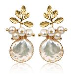 ELEXIS 18k Gold Baroque White Big Pearl Drop Earrings For Women Handmade Trendy Comfy Real Freshwater Pearls Aesthetic Life Tree Dangle Earrings Hypoallergenic Engaged Wedding Bridesmaid Hanging Jewelry (tree)