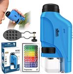 Pocket Microscope with 12pcs Specimen, 60-120x Handheld Mini Microscope with LED Light, Portable High Definition Children Electric Microscope for Kids Students Microbiological Observation (Blue)