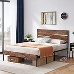 VECELO Double Bed Frame with Wood Headboard, Wooden Metal Platform Bed Frame with Large Underbed Storage, No Box Spring Needed, Heavy Duty Slat Support, Easy Assembly