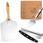 YOUEON Aluminum Pizza Peel with Foldable Wooden Handle, 12" x 14" Pizza Rocker Cutter & Pizza Server Set, Pizza Paddle Pizza Spatula for Pizza Ovens, Baking Homemade Pizza Bread