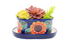 Fiesta Brands Mexican Talavera Style Indoor Succulent Bowl Pottery Planter Pot with Drainage Hole and Ceramic Tray Dish for Cactus Bonsai Mini Flower (Sunflower)