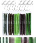 ENERFLAT 30pcs 4" Senko Worms Fishing Lures - 5 Colors, Includes 10pcs 3# Offset Hook, 10pcs 1# Wacky Hook, 10pcs 1/0# Wacky Hook - Soft Plastic Lures for Bass Fishing