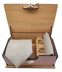 Ollera Men Premium Microfiber Neck Tie and Pocket Square with Cufflink Combo Gift Set in Premium Wooden Box(Cream, Free Size)