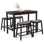 COSTWAY Dining Table and 4 Stool Set, 5 Pieces Kitchen Table with 4 Upholstered Saddle Stools, Rubber Wood Legs & Footrest, Space Saving Breakfast Counter Height Bar Table Sets for Home Pub