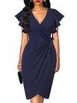 oten Women V Neck Ruched Wrap Dress Knee Length Work Business Sheath Party Dresses with Ruffle Sleeves Navy Blue Large