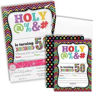 HOLY @% 50th Birthday Party Invitations, 20 Funny 5"x7" Fill In Cards with Twenty White Envelopes for Milestone Birthdays by AmandaCreation