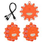 [4 Pack] LED Road Flare,USB Rechargeable Emergency Disc Beacon with 9 Flash Modes,2 in 1 Charging Cable & Car Charger Roadside Flashing Warning Lights for Car Truck Boats(Batteries Included) (4)