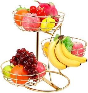 Livabber Fruit Basket Bowl with Banana Hanger, Fruit Vegetable Storage Basket with Banana Tree Holder for Kitchen Counter, Detachable Organizer for Bread Snack Produce (Gold, 3-Tier Metal Base)