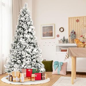 DORTALA 7 FT Artificial Snow Flocked Christmas Tree Hinged Xmas Tree w/Metal Stand, White Berries & Poinsettia Flowers, Décor for Home, Office, Party, Wedding