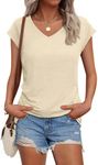 AUTOMET Womens V Neck Cap Sleeve Tshirts Casual Tops Cute T Shirts Summer Clothes Vintage Basics Tee, Cream, S