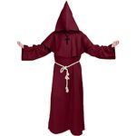 Kitimi Monk Costume Adult Men, Hooded Monk Robe Outfit, Costume Medieval Friar Hooded, Renaissance Priest Robe, Halloween Costumes for Men, Fancy Dress for Halloween, Carnival (Red)