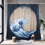 Spanker Space Cool Japanese Navy Blue Funny Anime Asian Kraken Monster Rising from Hokusai The Great Waves Waterproof Bath Shower Curtain with Hooks, Bathroom Accessories Décor Set, 72"x72"