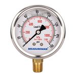 MEASUREMAN Lead-Free Pressure Gauge, 2-1/2" Dial Size, Glycerin Filled, 0-160psi/kpa, Stainless Steel Case, 1/4" NPT Lower Mount