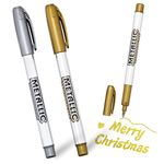 PROUSKY Gold Silver Ink Metallic Marker Pens, Shiny Highlight Pens Bling Writing Pen Glittering Permanent Gloss Wet Shine Effect Art for Card Making Painting Album (2pcs, Gold Silver)