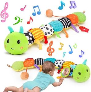 Baby Sensory Toy 0-6 Month Music Animal Stuffed Plush Caterpillar Toy for Infant 0-3-6 Month Tummy Time with Baby Mirror Crinkle Rattle for 6-12 Month Carseat Toy for Newborn Boys Girls Shower Gifts