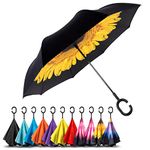 (Summer Rays) - EEZ-Y Reverse Inverted Windproof Umbrella - Upside Down Umbrellas with C-Shaped Handle for Women and Men - Double Layer Inside Out Folding Umbrella