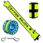 Seafard 5ft Yellow Scuba Diving Open Bottom Surface Marker Buoy (SMB) with 98ft Finger Spool Alloy Dive Reel and Double Ended Bolt Clip Blue