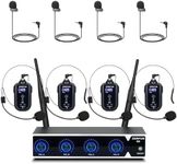 ZERFUN Rechargeable Wireless Microphone System 4 Channel Pro, UHF Metal Headset Lavalier Lapel Mics Cordless for Church Karaoke Singing with Volume Control, 4x50 Frequency(G8)