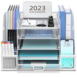 SUPEASY Mesh Desk Organizer with File Holder 5-Tier Paper Letter Tray Organizer with Magazine Holder Desktop Organizer and Storage with Upright Sections for Office Supplies Home or School (White)