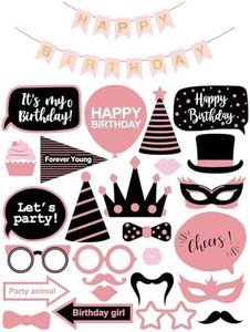 Birthday Photo Booth Props Kit，26 Pcs Pink and Black Birthday Party Props Kit and 1Pc Happy Birthday Pull The Flag Cute Funny Selfie Photo Booth Props Party Decoration for Women and Girls