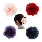 Cinaci 4 Pack Chiffon Big Rose Flower Bow Plastic Hair Claws Clips Barrettes Clamps Ponytail Holder Buns Chignon Holder Accessories for Women Girls