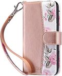 ULAK iPhone XR Wallet Case, PU Leather Flip Kickstand Case with Card Slots Wrist Strap, Folding Stand Shockproof Protective Cover for Apple iPhone XR 6.1 inch - Rose Gold Floral