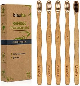 Bamboo Toothbrushes Medium Bristles 5-Pack – 4 White Wooden Toothbrushes, 1 Black Charcoal Toothbrush – Biodegradable Natural Eco Friendly