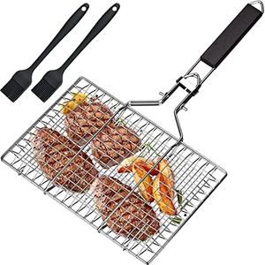 Cesta para Asar Pescado, Cesta de Pescado, Bandeja de Barbacoa de Acero Inoxidable, Plegable, Portátil, Cesta para Barbacoa, Cesta para Pescados y Verduras, Con Bolsa Oxford y 2 Cepillos de Silicona