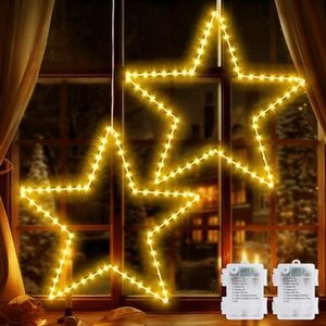 Marchpower Christmas Window Star Silhouette Lights, 19inch 70LED 2 Pack Large Star Lighted Xmas Decoration - Battery Operated Twinkle Fairy Outdoor Timer Light Wedding Party Home Décor-Warm White