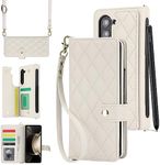 XIMAND for Samsung Galaxy Z Fold 5 Wallet Case with 6 Credit Card Slots and S-Pen Slot, RFID Blocking, Adjustable Strap, Multi Card Function Premium Leather Magnetic Clasp Kickstand Cover.(White)