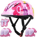 Lamsion Kids Helmet Adjustable with Sports Protective Gear Set Knee Elbow Wrist Pads for Toddler Ages 3 to 8 Years Old Boys Girls Cycling Skating Scooter Helmet-(Pink Sun Flower)