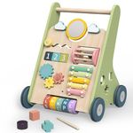 Bautia Wooden Baby Walker for 1 2 Year Old Boys Girls Push Along Toy, 10 in 1 Colorful Learning Activity Center for Toddlers 12 Month Gift with Shapes, Phrases & Mirror